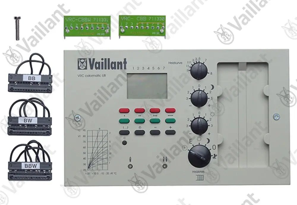 Vaillant elektronischer Regler mit Tastenfeld, Anzeige und mehreren Anschlussklemmen, einschließlich Kennzeichnungen für BB, BW und BBW. Zubehörteile ebenfalls abgebildet.